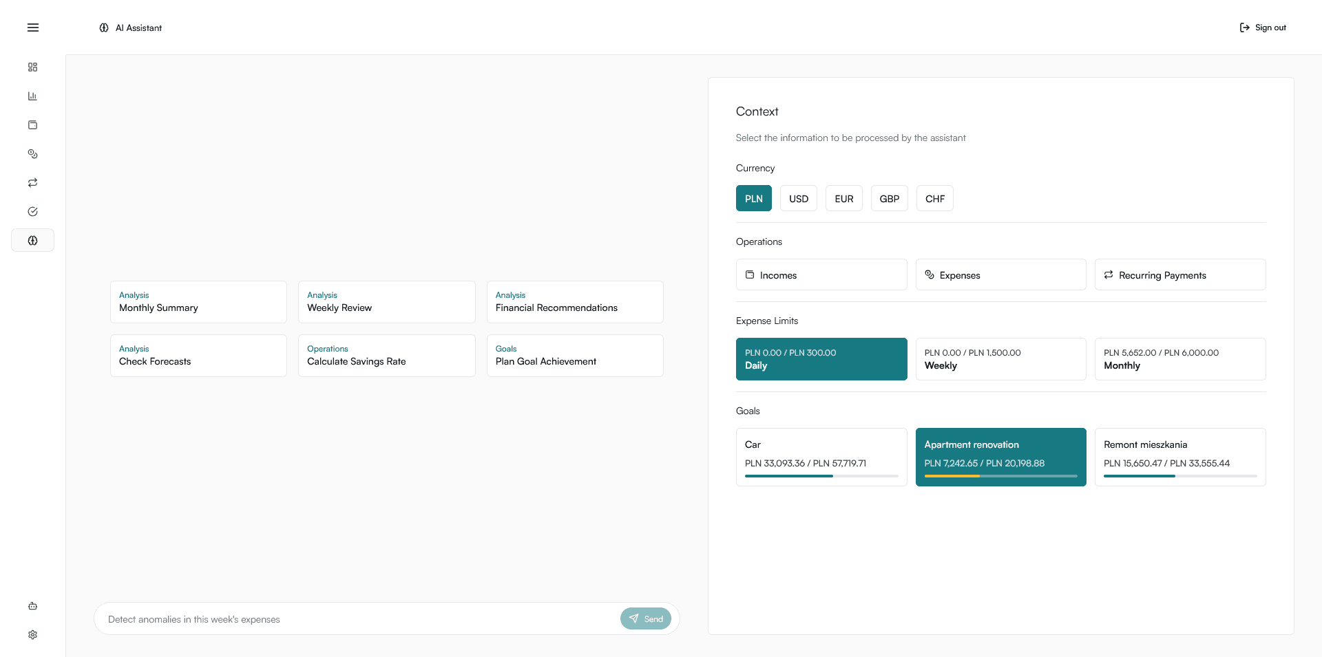 AI Assistant interface showing context selection with daily, weekly, and monthly expense limits, operations and financial goals
