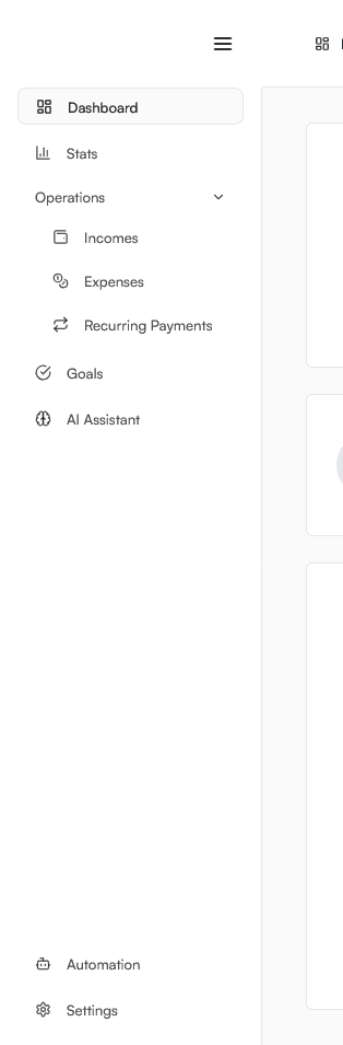 Navigation menu with options for Dashboard, Stats, Operations (Incomes, Expenses, Recurring Payments), Goals, AI Assistant, Automation, and Settings.